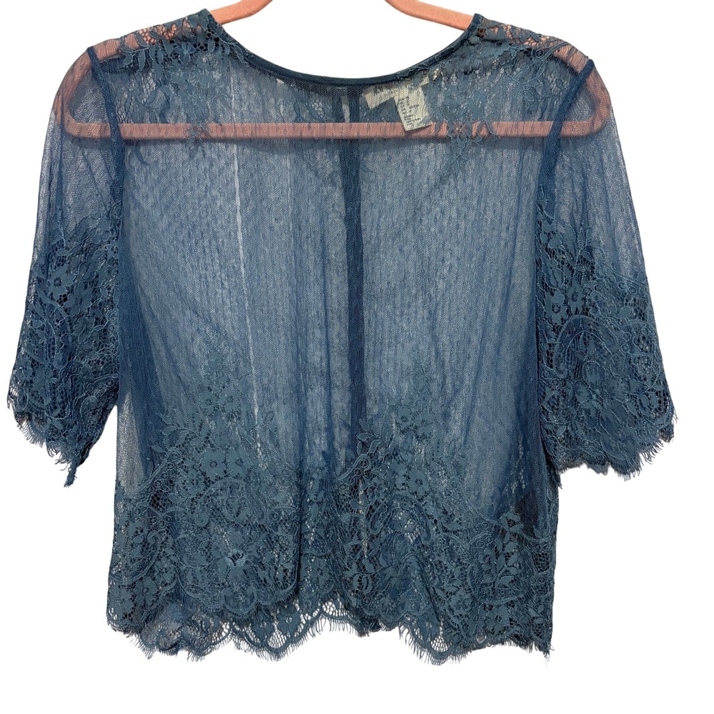 HM Loves Coachella Blue Lace Sheer Crop Top Button Back Size 6 Boho Festival